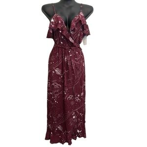 Lovestitch RUFFLE TOP WRAP MAXI DRESS IN WINE celestial pattern